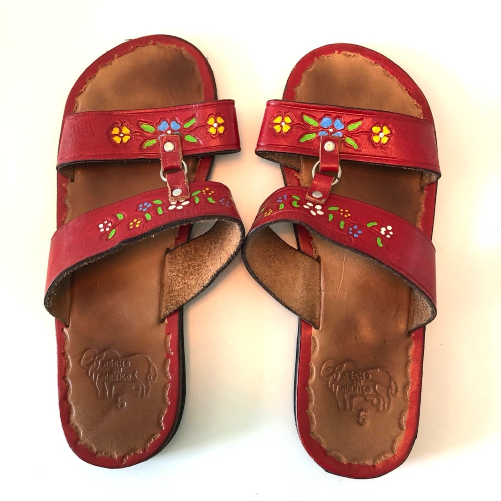 Vintage Mexican Hand Painted Leather Folk Art Sandals Floral Slides Womens 7.5